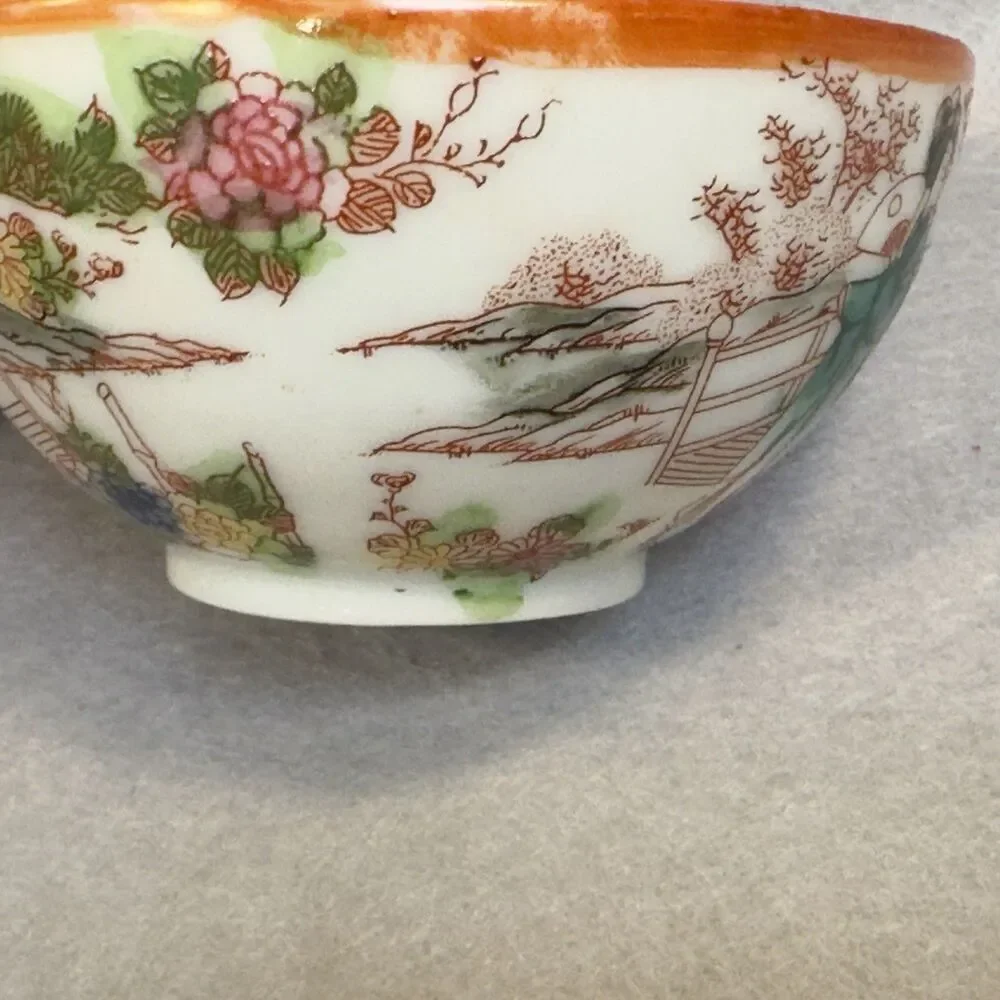 Vintage Japanese Eggshell Porcelain Geisha Pagoda Tea Cup Saucer Orange Red
